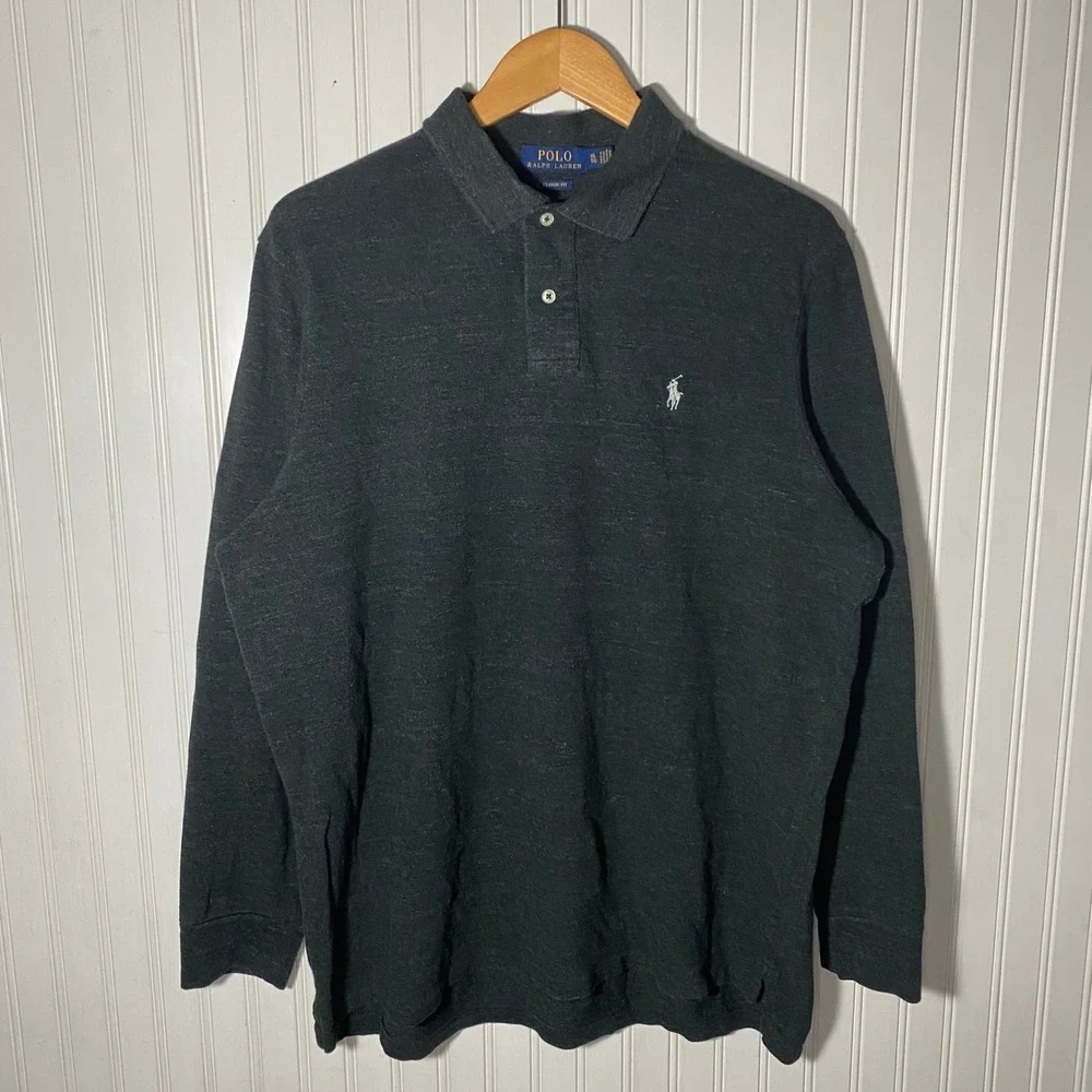 Polo Ralph Lauren Preppy Dark Grey Long Sleeve Polo Top Classic Fit Essential XL